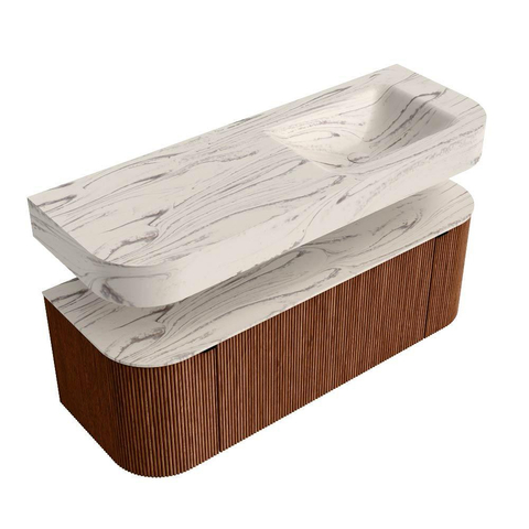 MONDIAZ THOR-DLUX 130cm meuble de salle de bains arrondi gauche + droite couleur Ruby avec 1 tiroir et 2 portes. Vasque suspendue CLOUD Droite 1 trou de robinet couleur Nata. SW1463877