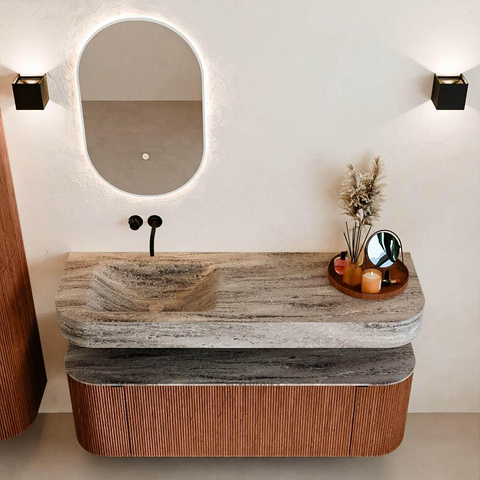 MONDIAZ THOR-DLUX 140cm meuble de salle de bains arrondi gauche + droite couleur Ruby avec 1 tiroir et 2 portes. Vasque suspendue CLOUD Gauche sans trou de robinet couleur Oza. SW1464279