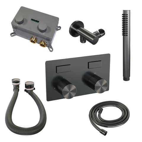 BRAUER gunmetal Carving mitigeur de baignoire encastré thermostatique - boutons-poussoirs SET 03 - combinaison de remplissage de baignoire - douchette barre - flexible de douche - coude de raccordement mural - gunmetal brossé PVD SW925751