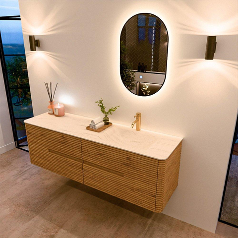 Mondiaz CIRO-DLUX Meuble de salle de bains - 160x45x50cm - Plan vasque solid surface Meli - 1 vasque à droite - 1 trou de robinet - 4 tiroirs - Chêne SW1531397