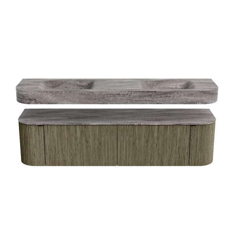 MONDIAZ THOR-DLUX 180cm meuble de salle de bains arrondi gauche + droite couleur Shadow avec 2 tiroirs et 2 portes. Vasque suspendue CLOUD Double sans trou de robinet couleur Oza. SW1466334
