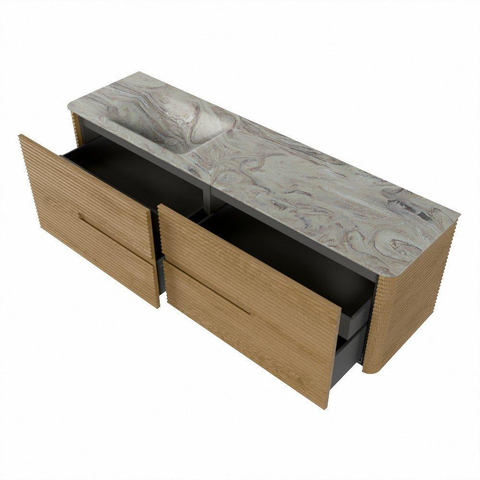 Mondiaz CIRO-DLUX Ensemble de meubles de salle de bains - 170x45x50cm - vasque solid surface Glace - 1 bassin à gauche - sans trous de robinet - 4 tiroirs - Chêne SW1530843