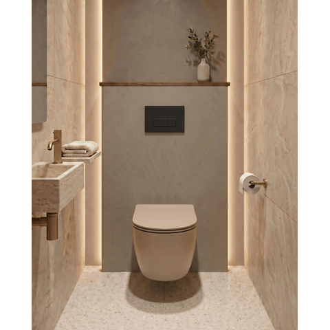 QeramiQ Dely Swirl Ensemble WC - 36.3x51.7cm - Réservoir encastré Geberit UP320 - abattant fin - Plaque de commande noir mat - Boutons rectangulaires - Beige SW1130213