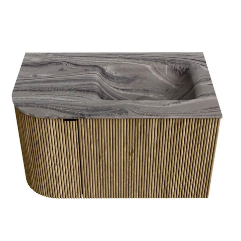 MONDIAZ KURVE-DLUX Meuble de salle de bains 75cm arrondi à gauche couleur Dusk avec 1 tiroir et 1 porte. Lavabo GRUNNE à droite 1 trou de robinet Sombra. SW1433822