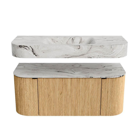 MONDIAZ THOR-DLUX Meuble de salle de bains 110cm arrondi gauche + droite couleur Oak avec 1 tiroir et 2 portes. Vasque suspendue CLOUD Milieu 1 trou de robinet couleur Glace. SW1462745