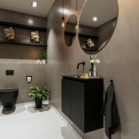 MONDIAZ TURE Fonteinset - 60x23x50cm - 0 kraangaten - 2 deuren - urban mat - Wasbak links - Solid Surface Zwart SW475258
