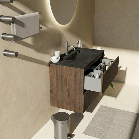 Saniclass Holz Atelier Ensemble de meuble de salle de bains - 80x45x62cm - Lavabo Vygo en céramique noir - 1 vasque - 1 trou de robinet - 2 tiroirs - chêne charcoal mat (bois) SW1478955