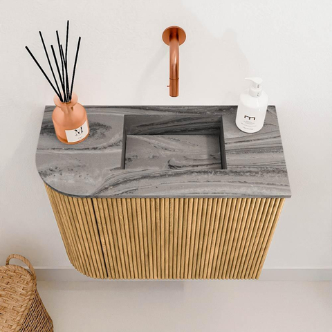 Mondiaz JOYA-DLUX 51.6cm toiletmeubel - ronding links kleur Oak - Wastafel FAYE positie Rechts Zonder kraangat kleur Sombra. SW1426241