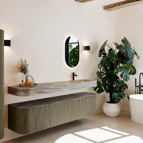 MONDIAZ THOR-DLUX Meuble de salle de bains - 190cm - arrondi gauche + droite - couleur Shadow - 2 tiroirs et 2 portes - Vasque suspendue CLOUD Droite 1 trou de robinet couleur Oza SW1466642