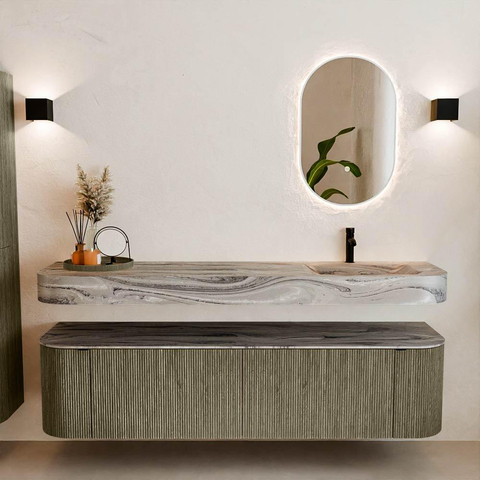 MONDIAZ THOR-DLUX Meuble de salle de bains - 180cm - arrondi gauche + droite - couleur Shadow - 2 tiroirs - 2 portes - Vasque suspendue CLOUD droite 1 trou de robinet couleur Sombra SW1467702