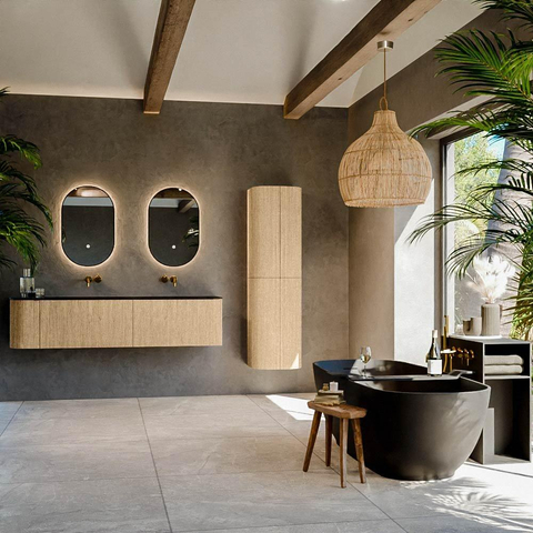 MONDIAZ KURVE meuble de salle de bains 175 cm avec module 25 L couleur chêne avec 2 tiroirs et 1 porte. Lavabo BIG SMALL double / droit sans trou de robinet Urban. SW1138425