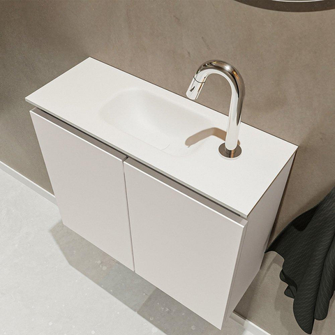 MONDIAZ TURE Fonteinset - 60x23x50cm - 1 kraangat - 2 deuren - linen mat - Wasbak midden - Solid Surface Wit SW475071