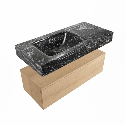 Mondiaz ALAN-DLUX Ensemble de meuble - 100cm - meuble Washed Oak mat - 1 tiroir - Lavabo Cloud Lava suspendu - vasque Gauche - 0 trous de robinet SW809007