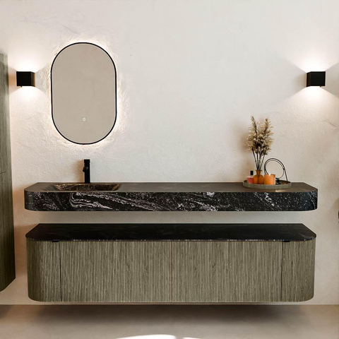 MONDIAZ THOR-DLUX 190cm meuble de salle de bains arrondi gauche + droite couleur Shadow avec 2 tiroirs et 2 portes. Vasque suspendue CLOUD Gauche 1 trou de robinet couleur Lava. SW1466628