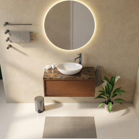 Saniclass Holz Frame Badkamermeubelset - 100x45x43cm - Noche natuurstenen topblad dark emperador - 1 kraangat - 1 lade - mat walnut pure (hout) SW1478288