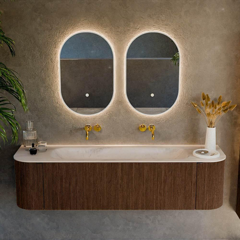 MONDIAZ KURVE-DLUX 170cm badmeubel ronding Links + Rechts kleur Walnut met 1 lade en 2 deuren. Wastafel BIG LARGE Midden zonder kraangat Meli. SW1431722