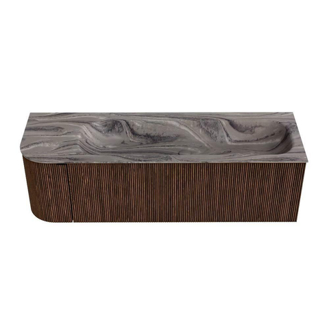 MONDIAZ KURVE-DLUX 145cm badmeubel ronding Links kleur Walnut met 1 lade en 1 deur. Wastafel BIG LARGE Rechts 2 kraangaten Sombra. SW1433684