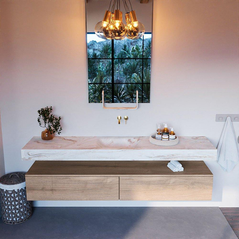Mondiaz ALAN-DLUX Ensemble de meuble - 200cm - meuble Washed Oak mat - 2 tiroirs - Lavabo Cloud Frappe suspendu - vasque Centre - 0 trous de robinet SW808789