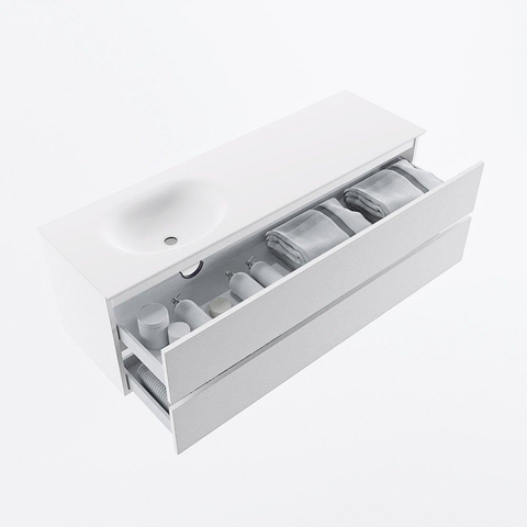MONDIAZ VICA meuble sous lavabo 150cm Talc 2 tiroirs. Lavabo MOON gauche sans trou de robinet, couleur Talc. SW1381874