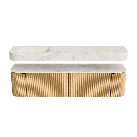 MONDIAZ THOR-DLUX 180cm badmeubel ronding links + rechts kleur Oak met 2 lades en 2 deuren. Vrijhangende wastafel CLOUD Links zonder kraangat kleur Ostra. SW1465932