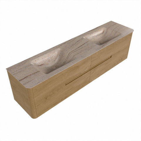 Mondiaz CIRO-DLUX Meuble de salle de bains - 190x45x50cm - Plan vasque Solid surface Saba - 2 vasques Double - 2 trous de robinetterie - 4 tiroirs - Chêne SW1531237