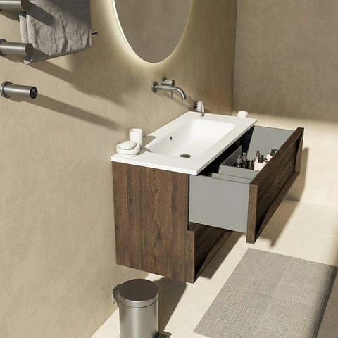 Saniclass Holz Frame Ensemble de meubles de salle de bains - 100x45x77.5cm - lavabo Torino en solid surface blanc - sans trou de robinetterie - 2 tiroirs - chêne charcoal mat (bois) SW1579920