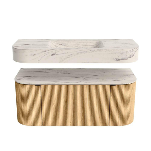 MONDIAZ THOR-DLUX 110cm badmeubel ronding links + rechts kleur Oak met 1 lade en 2 deuren. Vrijhangende wastafel CLOUD Midden 1 kraangat kleur Nata. SW1462955