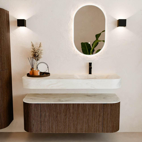MONDIAZ THOR-DLUX 130cm badmeubel ronding links + rechts kleur Walnut met 1 lade en 2 deuren. Vrijhangende wastafel CLOUD Rechts 1 kraangat kleur Ostra. SW1463603