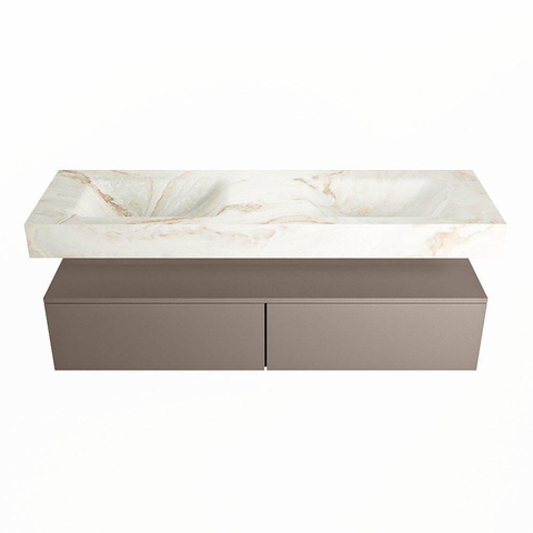 Mondiaz ALAN-DLUX Ensemble de meuble - 150cm - meuble Smoke mat - 2 tiroirs - Lavabo Cloud Frappe suspendu - vasque Gauche et droite - 2 trous de robinet SW805096