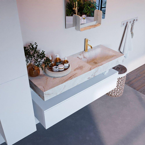 Mondiaz ALAN-DLUX Ensemble de meuble - 130cm - meuble Talc mat - 1 tiroir - Lavabo Cloud Frappe suspendu - vasque Droite - 1 trou de robinet SW805262