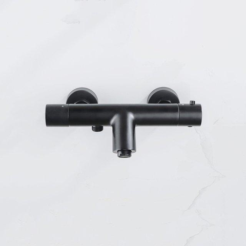 Fortifura Calvi Robinet de baignoire thermostatique avec douchette ronde, support et flexible métal Noir mat SW811979