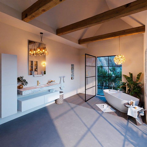 Mondiaz ALAN-DLUX Ensemble de meuble - 150cm - meuble Talc mat - 2 tiroirs - Lavabo Cloud Glace suspendu - vasque Centre - 1 trou de robinet SW805613