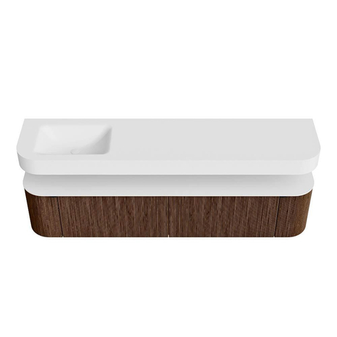 MONDIAZ THOR 200cm badmeubel ronding links + rechts kleur Walnut met 2 lades en 2 deuren. Vrijhangende wastafel CLOUD Links zonder kraangat kleur Talc. SW1466961