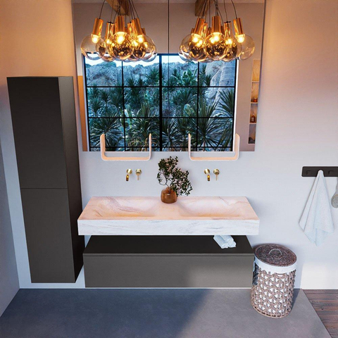 Mondiaz ALAN-DLUX Ensemble de meuble - 130cm - meuble Dark grey mat - 1 tiroir - Lavabo Cloud Ostra suspendu - vasque Gauche et droite - 0 trous de robinet SW807207