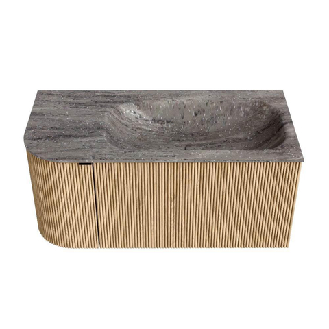 MONDIAZ KURVE-DLUX 95cm badmeubel ronding Links kleur Oak met 1 lade en 1 deur. Wastafel BIG SMALL Rechts zonder kraangat Oza. SW1432619