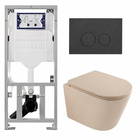 QeramiQ Dely Pack WC - 36,3x51,7cm - à fond creux - sans bride - réservoir encastré Geberit UP320 - abattant WC à fermeture douce - plaque de déclenchement mat anthracite - boutons ronds - mat beige SW1242405