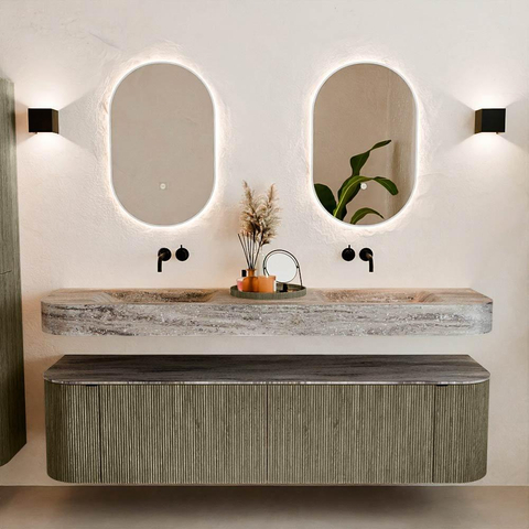 MONDIAZ THOR-DLUX 180cm meuble de salle de bains arrondi gauche + droite couleur Shadow avec 2 tiroirs et 2 portes. Vasque suspendue CLOUD Double sans trou de robinet couleur Oza. SW1466334