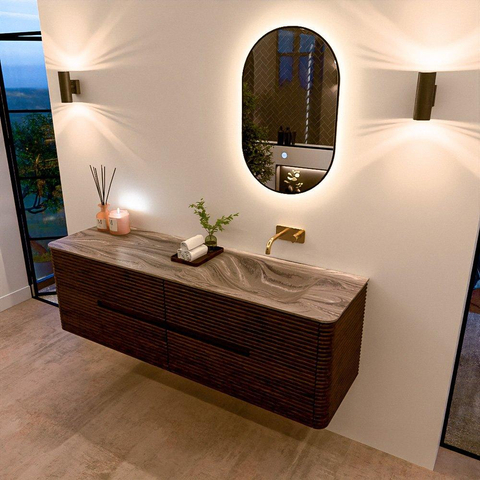 Mondiaz CIRO-DLUX Badkamermeubelset - 160x45x50cm - Solid surface wastafel Sombra - 1 wasbak Rechts - zonder kraangaten - 4 lades - Walnut SW1530762