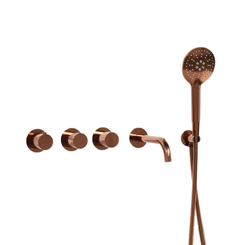 Fortifura Nebbio Ensemble combiné bain - mitigeur thermostatique - coude mural avec support de douchette - flexible de douche métallique - douchette ronde - bec verseur - cuivre brossé SW1238047