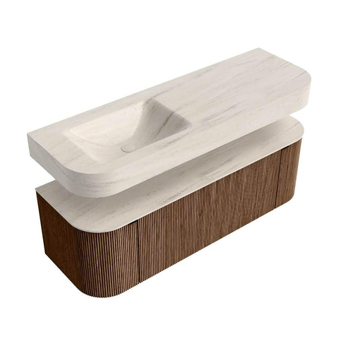 MONDIAZ THOR-DLUX Meuble de salle de bains 140cm arrondi gauche + droite couleur Walnut avec 1 tiroir et 2 portes. Vasque suspendue CLOUD Gauche sans trou de robinet couleur Meli. SW1464404