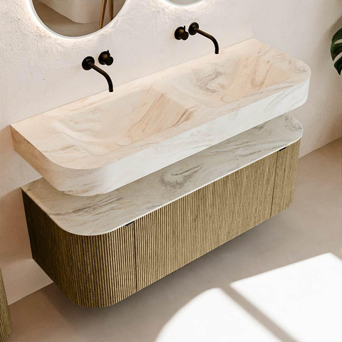 MONDIAZ THOR-DLUX Meuble de salle de bains 130cm arrondi gauche + droite couleur Dusk avec 1 tiroir et 2 portes. Vasque suspendue CLOUD Double sans trou de robinet couleur Ostra. SW1463528