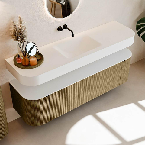 MONDIAZ THOR 160cm meuble de salle de bains arrondi gauche + droite couleur Dusk avec 1 tiroir et 2 portes. Vasque suspendue CLOUD Milieu sans trou de robinet couleur Talc. SW1465022