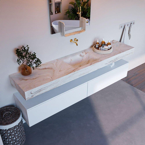 Mondiaz ALAN-DLUX Ensemble de meuble - 200cm - meuble Talc mat - 2 tiroirs - Lavabo Cloud Frappe suspendu - vasque Centre - 0 trous de robinet SW805294
