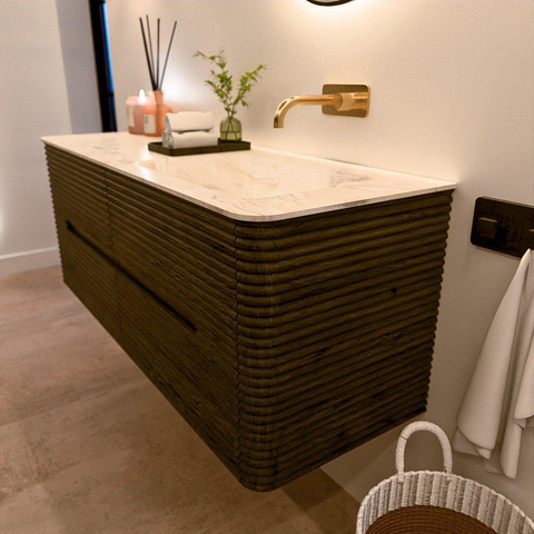 Mondiaz CIRO-DLUX Badkamermeubelset - 130x45x50cm - Solid surface wastafel Ostra - 1 wasbak Rechts - zonder kraangaten - 4 lades - Shadow SW1532467