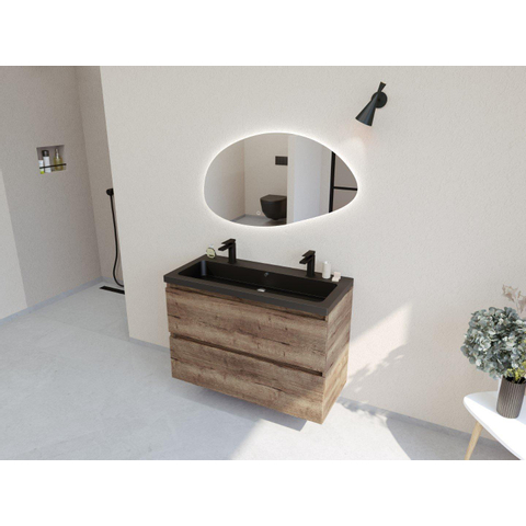 H&R Badmeubelen Infinity XXL 3D Badkamermeubelset - 100 cm - 1 keramische wasbak djazz mat zwart - 2 kraangaten - 2 lades - charleston SW863494