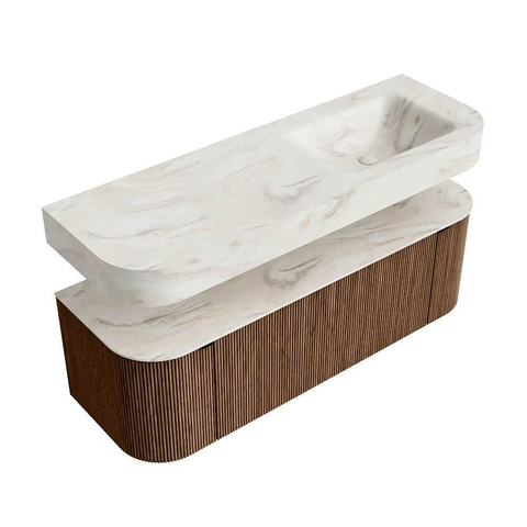 MONDIAZ THOR-DLUX 140cm badmeubel ronding links + rechts kleur Walnut met 1 lade en 2 deuren. Vrijhangende wastafel CLOUD Rechts zonder kraangat kleur Ostra. SW1464090