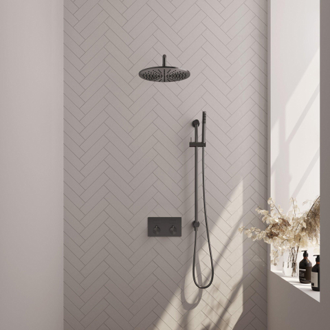 BRAUER gunmetal Edition Douche de pluie thermostatique encastrée - boutons-poussoirs - SET 64 - pomme de douche 30cm - bras mural courbé - douchette barre - flexible de douche - barre de douche intégrée - gunmetal brossé PVD SW925723