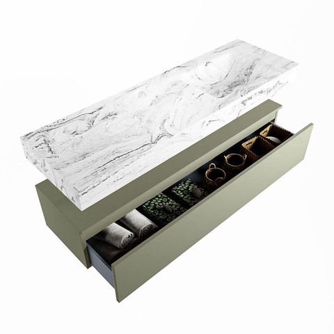Mondiaz ALAN-DLUX Ensemble de meuble - 150cm - meuble Army mat - 1 tiroir - Lavabo Cloud Glace suspendu - vasque Droite - 0 trous de robinet SW806040