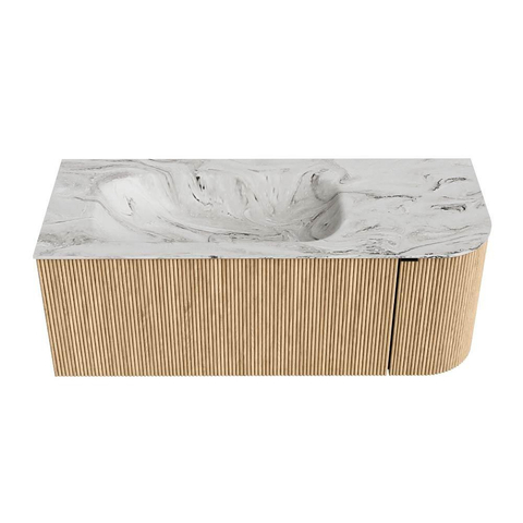 MONDIAZ KURVE-DLUX Meuble de salle de bains 115 cm avec module 25 R couleur Oak avec 1 tiroir et 1 porte. Lavabo BIG SMALL gauche 1 trou de robinet couleur Glace. SW1137971