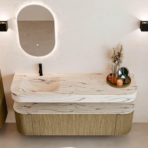 MONDIAZ THOR-DLUX Meuble de salle de bains - 160cm - arrondi gauche + droite - couleur Dusk - 1 tiroir et 2 portes - Vasque suspendue CLOUD Gauche 1 trou de robinet - couleur Nata SW1465256